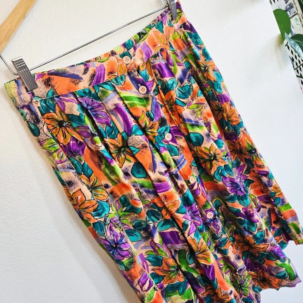 Size M – Vintage Peach Floral Rayon Midi Skirt w/ Pockets